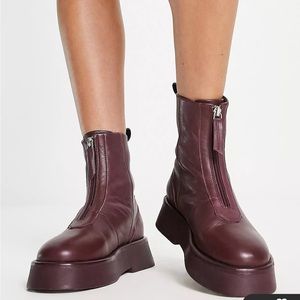 ASOS DESIGN Atlantis leather zip front boots in burgundy leather size 5 US.